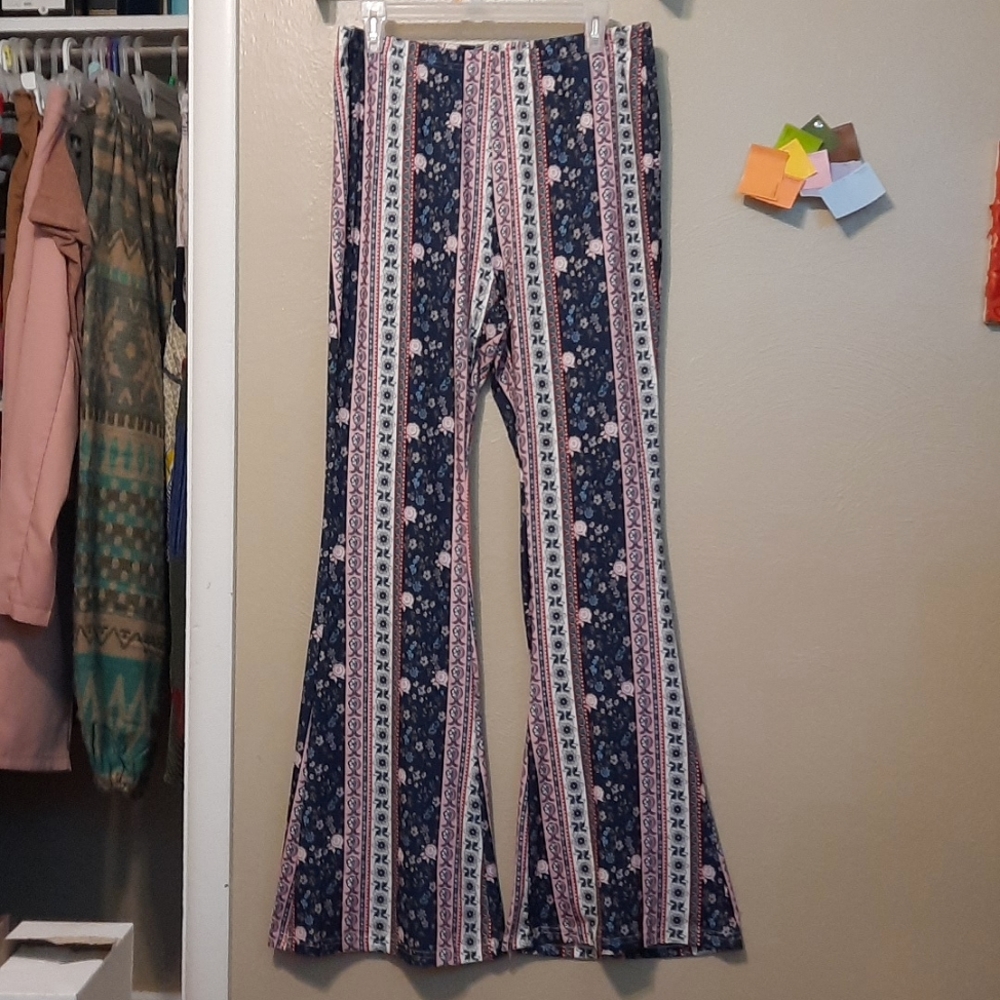 SHEIN Floral And Striped Print Flare Leg Pants